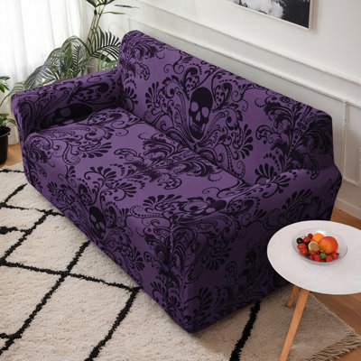 Housse extensible pour canapé deux places à motif gothique violet et noir damassé avec têtes de mort, en microfibre, 185 cm de large, lavable à la machine