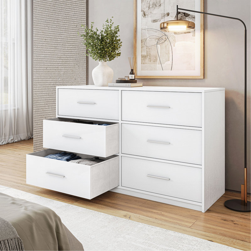 6-Drawer Dresser With Large Fabric Drawers, Silver, White