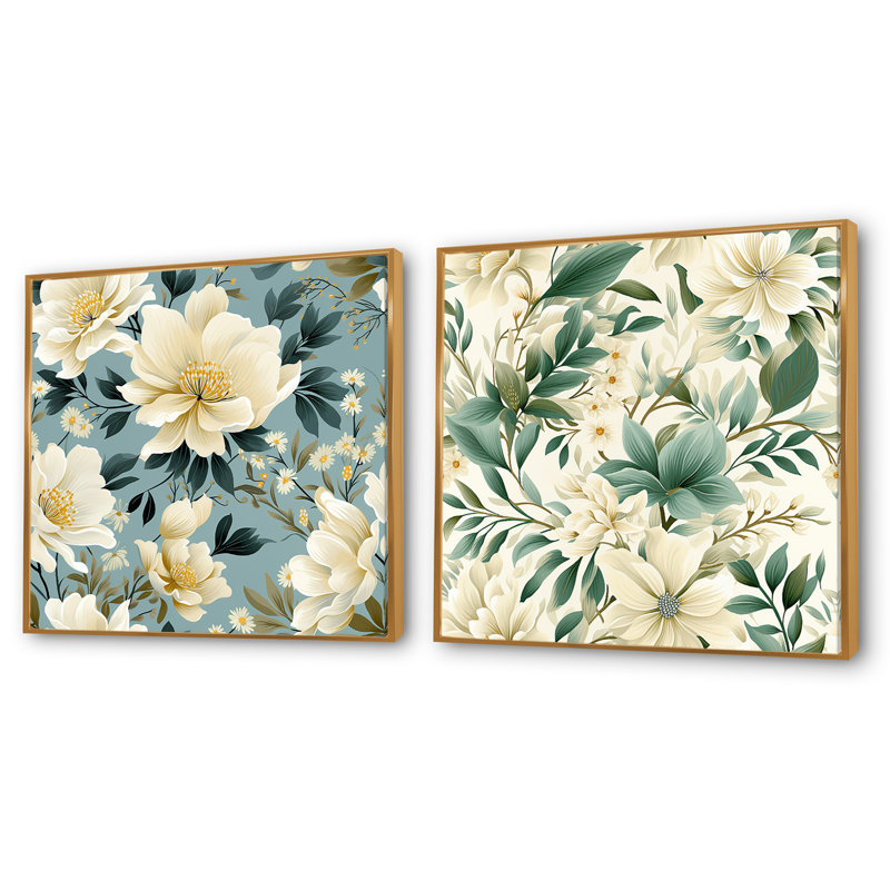 Agathe - Ensemble de 2 collages floraux carrés, Cadre flottant doré, H 16 po x l 33 po