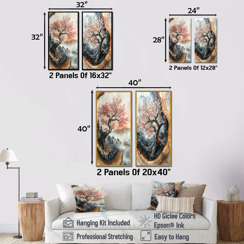 Cerisier en fleurs Serenity Beneath The Blossoms I - Collection d'art floral sur toile 2 pièces, Encadrement argenté