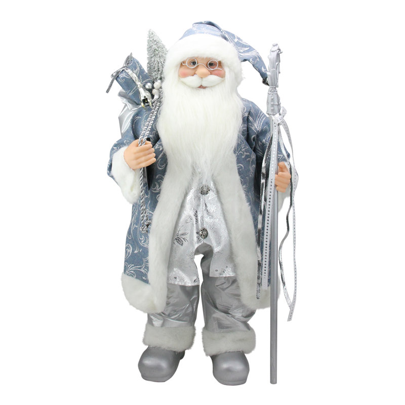 Figurine de Noël bleu et argent avec père Noël et bâton, 24 po x 12 po