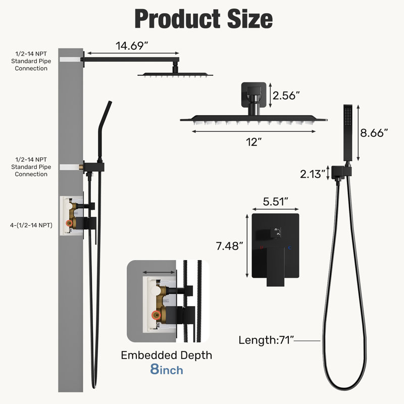 Système de douche mural avec pomme de douche Raincan 12 po et douche à main combinée, Black, 12 in