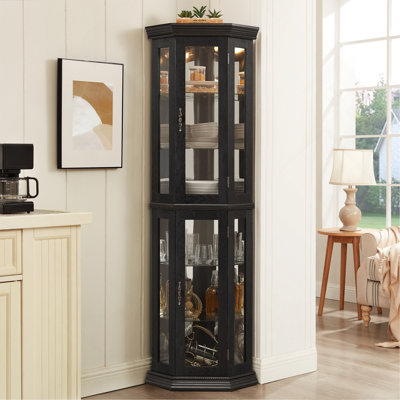 Lighted Corner Curio Cabinet - Glass Display Shelf With Tempered Glass Doors, Adjustable Shelving, And Included Bead Bulb - Ideal Bar Cabinet For Home Decor