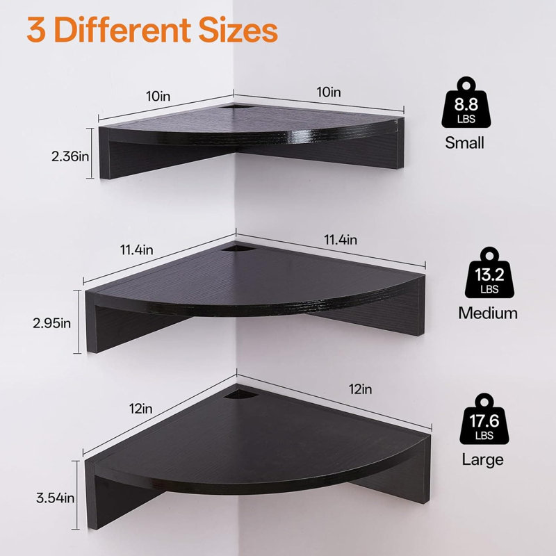 Ensemble de 3 tablettes d'angle flottantes, étagère de coin murale avec trou de câble intégré, solution de rangement à plusieurs niveaux pour la salle de bain, le salon, la cuisine, la chambre à coucher et le bureau