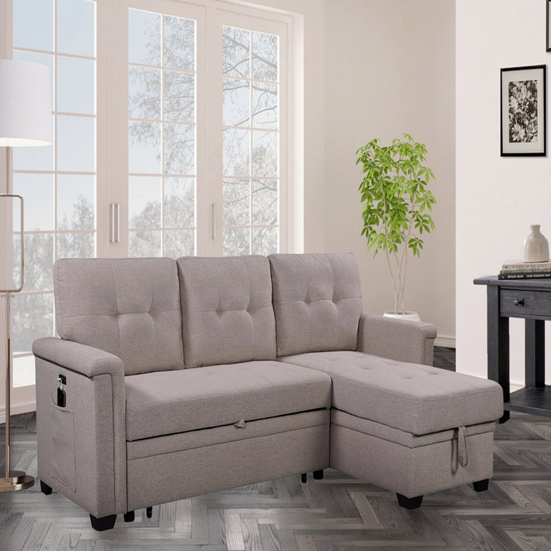 Sleeper, Reversible  Basic Sectional Sofa Sofa Sofa With Storage Chaise, USB Charging Ports And Pocket, Brown Linen