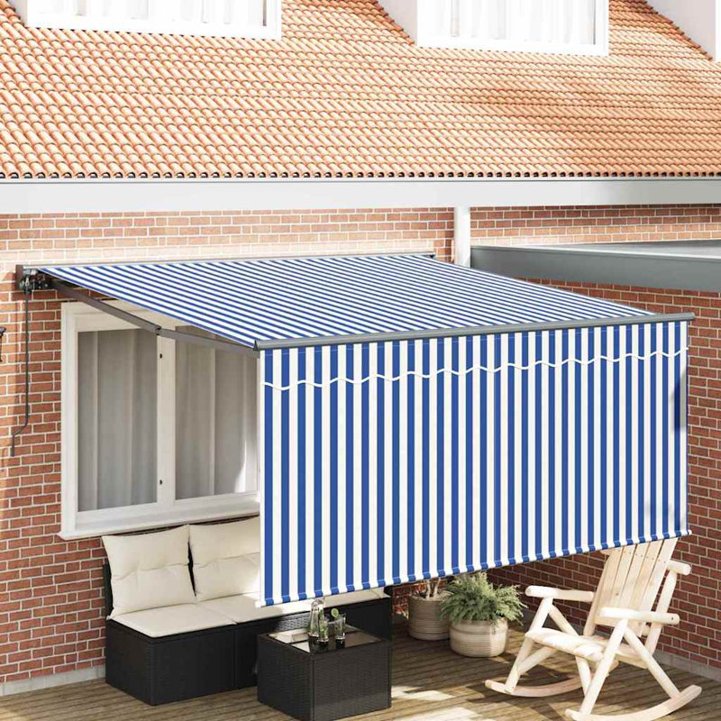 Brayden Studio Fabric Cover Retractable Door / Window Awning, 300 cm W x 250 cm D, Blue/White/Anthracite