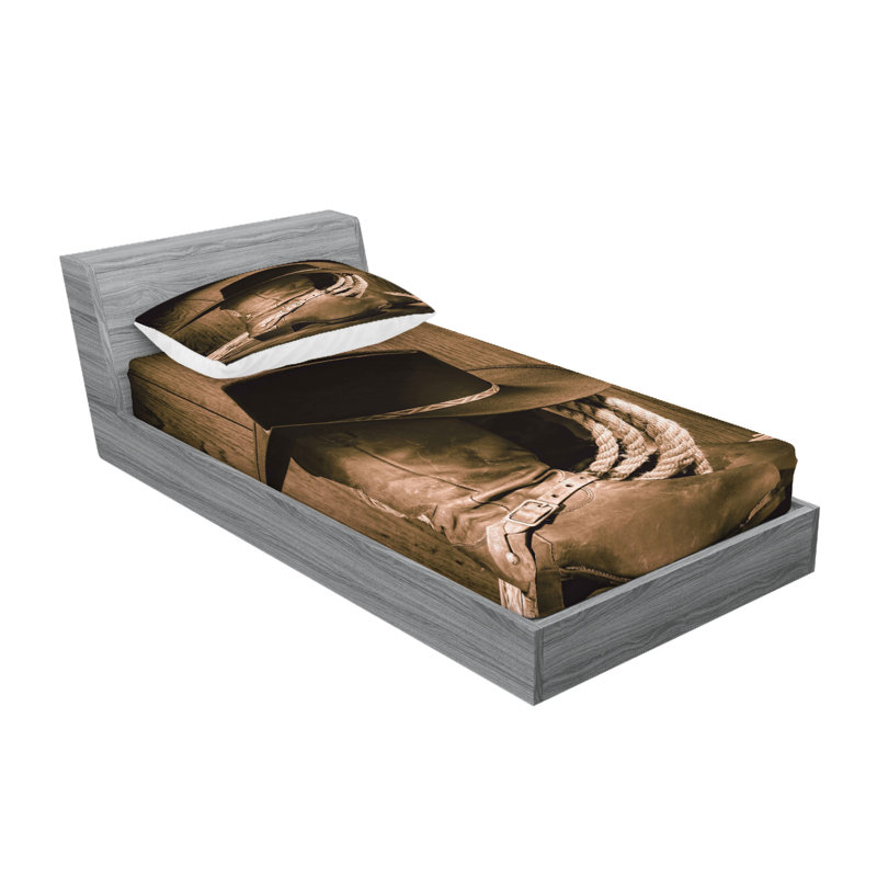 Drap-housse et coussin décoratif Ambesonne Western, brun, Ensemble de draps pour lit simple + 5 pièces supp