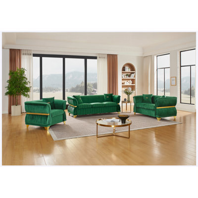 Ensemble de canapé de salon - ensemble de canapé moderne en velours 3 pièces pour le salon, avec garniture en métal doré, pieds fuselés et accoudoirs courbés, avec fauteuil, causeuse et canapé 3 places, vert émeraude