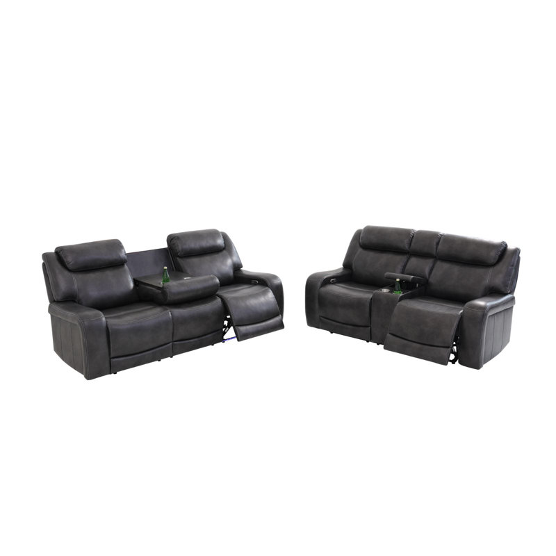Ensemble de canapé moderne inclinable électrique gris 2 pièces - Ensemble de salon avec console, porte-gobelets, ports de chargement USB et éclairage d'accent à DEL bleu