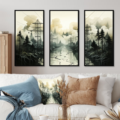 «Stormy Edges Power Lines Fog Mountains», ensemble d'art sur toile