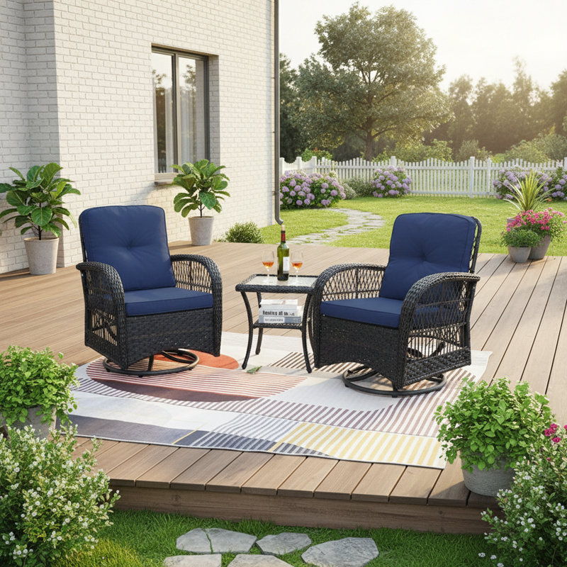 Double Outdoor Rocking Chair Three-Piece Set, Navy Blue, Navy Blue