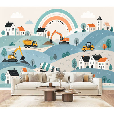 Papier peint adhésif auto-adhésif pour véhicules de construction Collines colorées pour enfants H 69 po x l 96 po, papier peint amovible en PVC auto-adhésif pour chambre à coucher, bureau à domicile