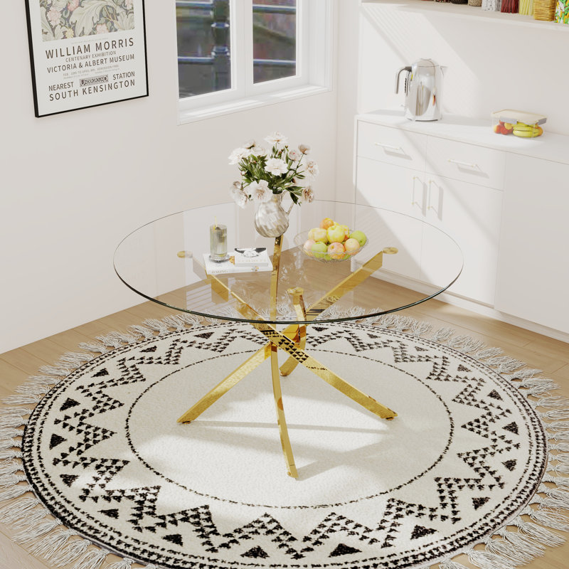 Table de salle à manger ronde en verre de 47 po, plateau en verre transparent épais, base en métal à pieds croisés, table de cuisine minimaliste moderne pour la salle à manger et la maison