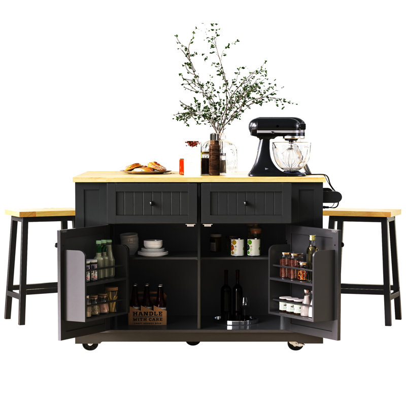 48" Large Kitchen Island with Drop Leaf, Power Outlet, Storage Rack, Rolling Cart (Stool Not Included), Black