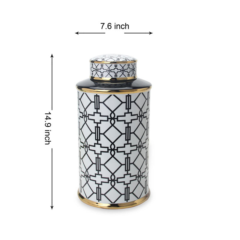 Elegant Ceramic Ginger Jars with Geometrical Design and Removable Lid, Black