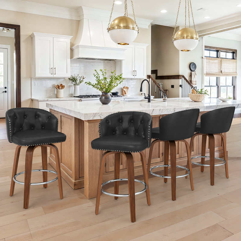 Swivel Upholstered Counter & Bar Stool With Wood Frame (Set Of 4), Black/Walnut