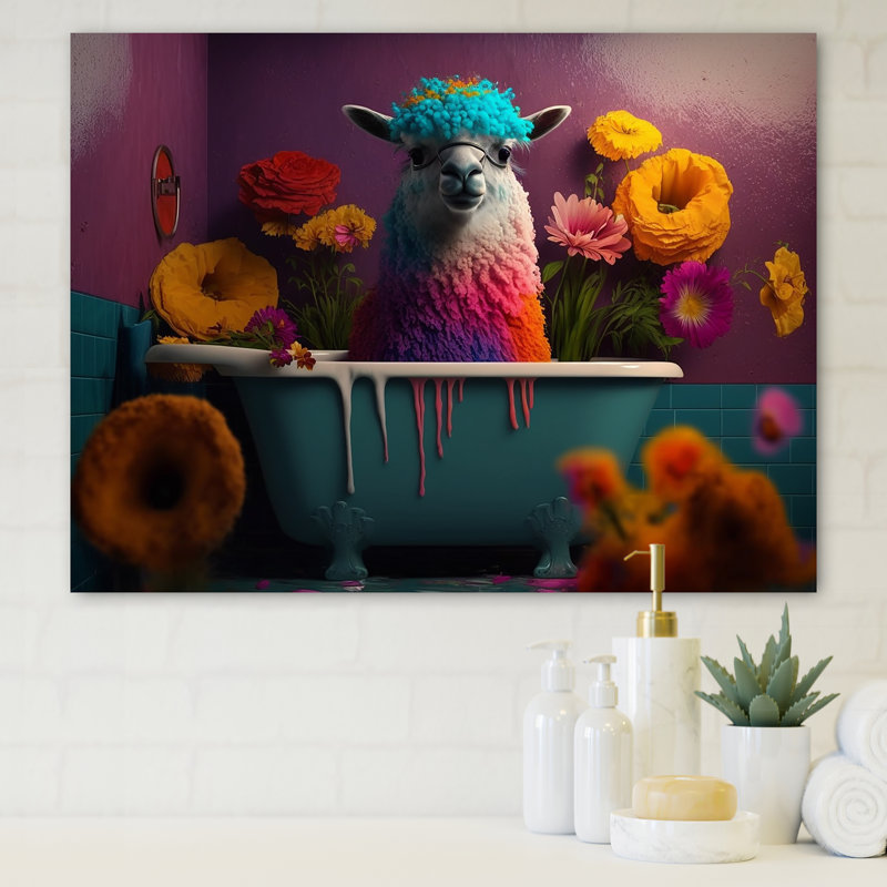 Lama faisant un gâchis dans la baignoire II - impression sur toile tendue