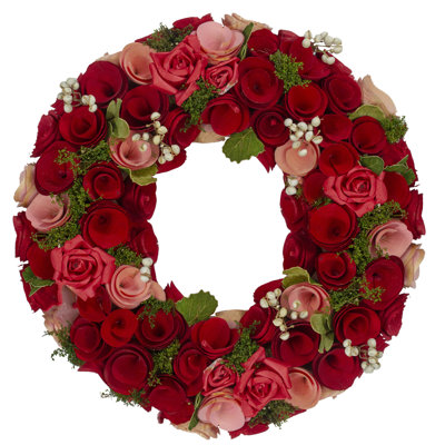 Couronne artificielle rouge et rose en bois avec baies blanches 12 pouces