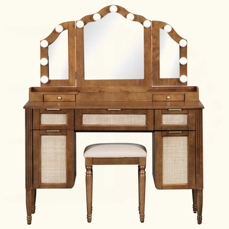 Ensemble de coiffeuse avec tabouret, 13 ampoules Hollywood et 3 modes d'éclairage pour coiffeuse, grande coiffeuse à miroir pliable en trois avec tabouret rembourré, station de charge et beaucoup de rangement