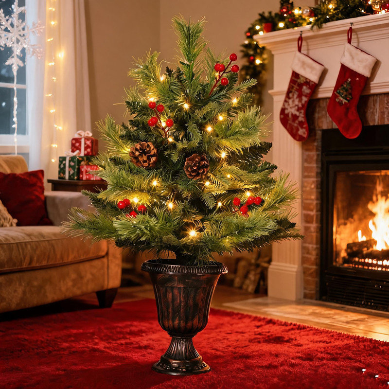 Sapin de Noël artificiel pré-illuminé de 60 cm avec 40 lumières DEL blanc chaud, pommes de pin et baies rouges, décoration de table pour les fêtes, utilisable à l'intérieur comme à l'extérieur.