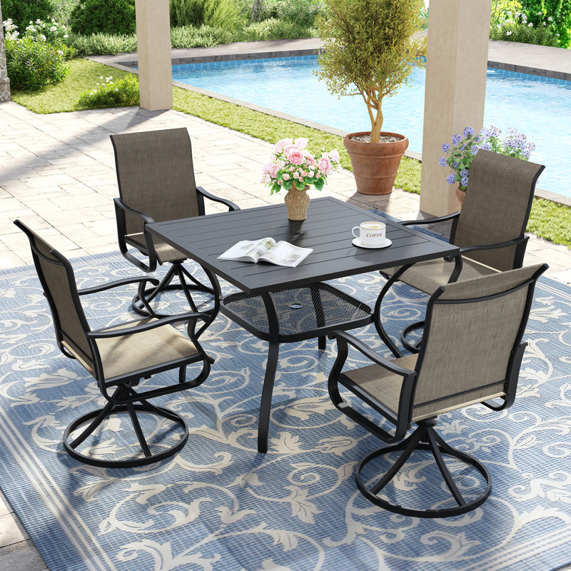 4-Person Square Patio Dining Set With 360°Swivel PVC-coated polyester Chairs, Black/Brown
