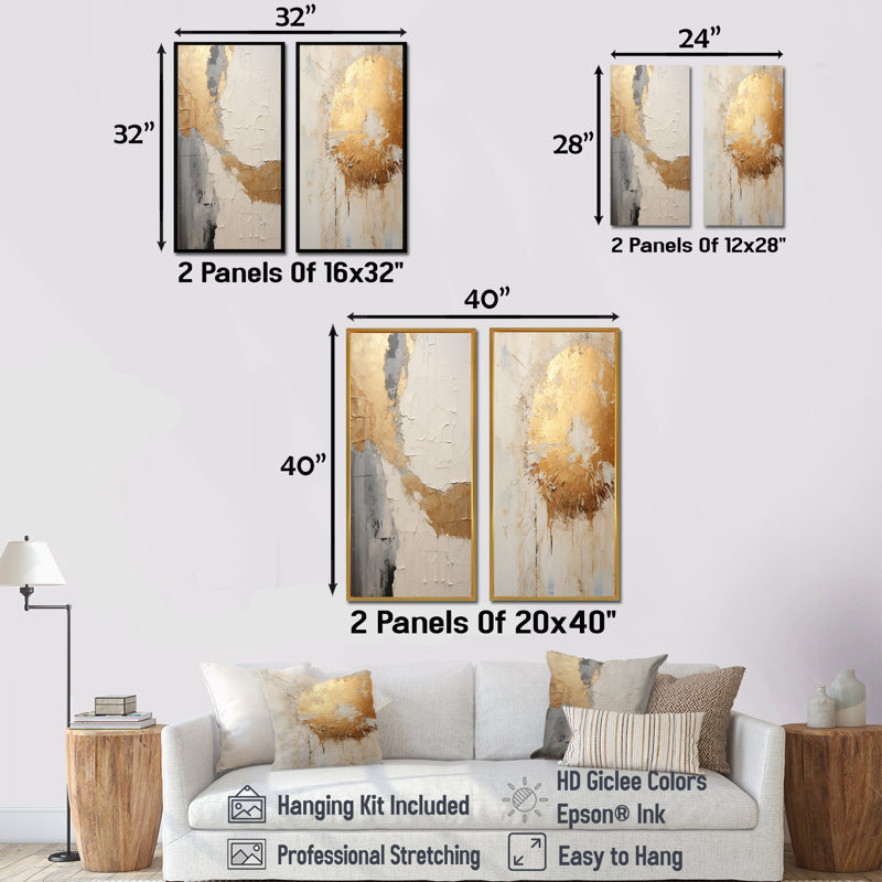 Or et peinture beige fusion - ensemble de 2 reproductions d'art sur toile, H 32 po x l 33 po, Encadrement brun