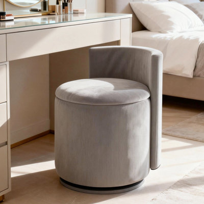 360° Swivel Vanity Stool with Storage, Corduroy Round Vanity Chair with Curved Back, Accent Stool for Bedroom, Living Room, Makeup Room, Dressing Area