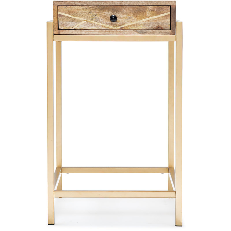Sidney Beige Mango Wood and Gold Metal Storage Side Table