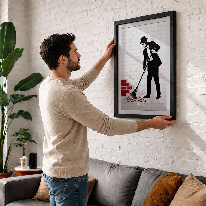 Gentleman Sweeping Urban Art - Framed Print, Walnut, A1 - 84.1 x 59.4 cm
