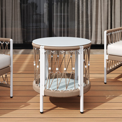 Table de bout de style bohémien 16,95 po avec corde tissée et verre trempé pour le divertissement extérieur