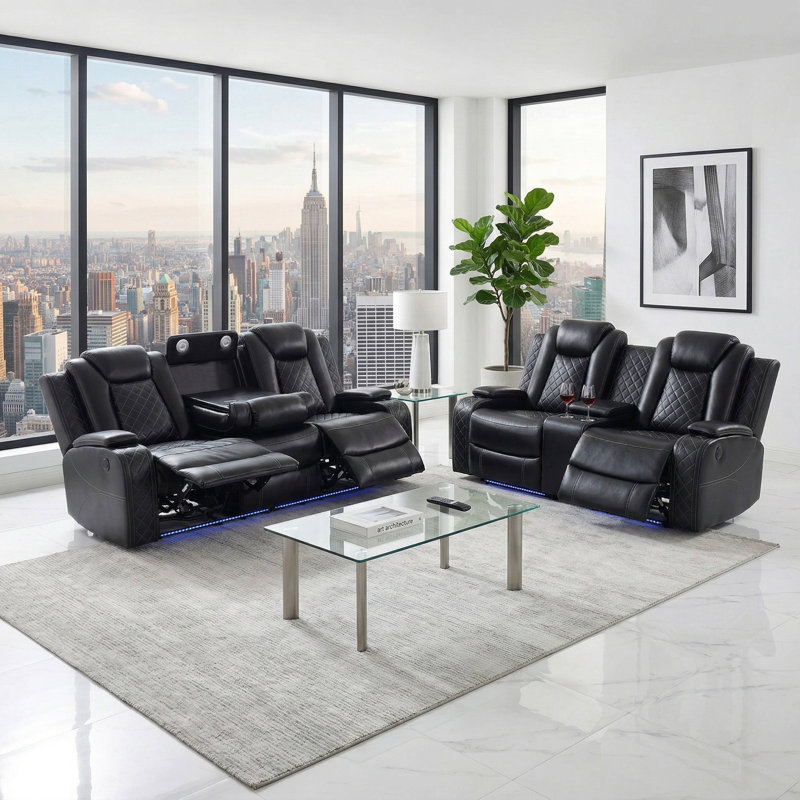Cove Dark Vegan Leather 2-Pieces  Reclining  Sectioanal Living Room Sofa Set With Cup-Holders ,Wireless Charging And LED Lights