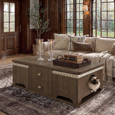 Table basse Harper Farmhouse avec 2 poufs en forme de maison pour chats et 4 tiroirs
