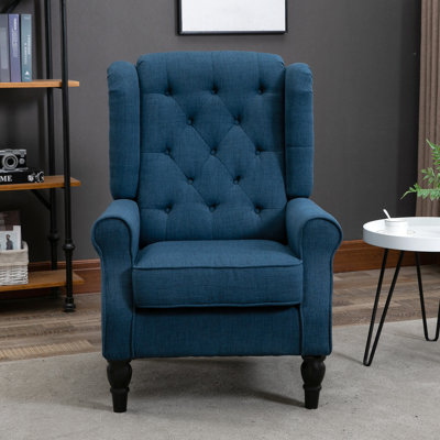 Chaise rembourrée épaisse avec capitonnage à losanges - Pieds en bois massif avec accents en tissu bleu, rembourrage, pour diverses pièces