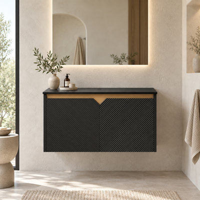 Armoires de salle de bain modernes, dessus de meuble-lavabo en pierre frittée noire et armoire en bois noir, sans lavabo inclus