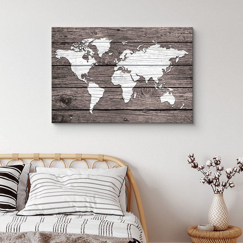 «World Map on White Wood Panels Places Country», reproduction d'art sur toile tendue, H 12 po x l 18 po x P 1,5 po