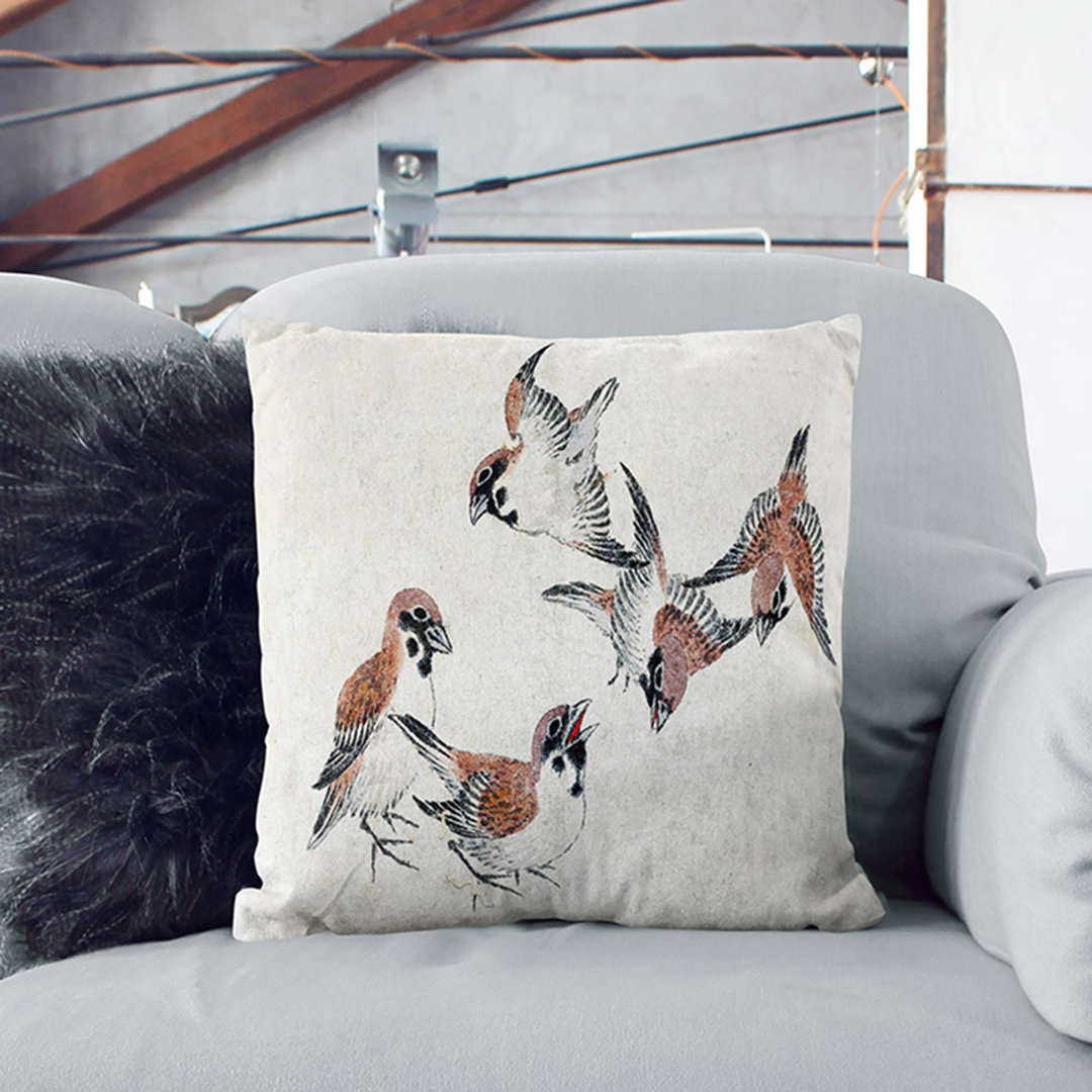 Five Birds by Katsushika Hokusai Cushion with Filling