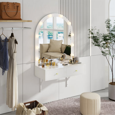 Floating Makeup Vanity Desk With Mirror & 3-Color Lights, Wall Dressing Table With Power Outlet, Compact Vanity, Large Storage, White