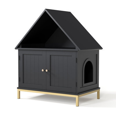 Meuble à litière dissimulé en forme de maison moderne – Porte double, armoire de toilette multifonctionnelle pour chat – Noir
