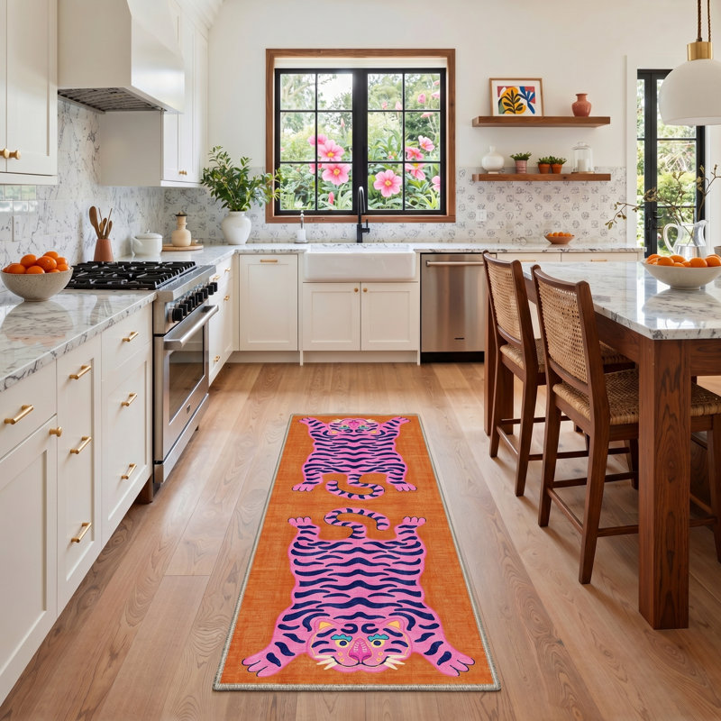 Tigris Animal Print Machine Washable Red / Pink Area Rug Indoor with Non-Slip Backing, Runner 2' x 6'