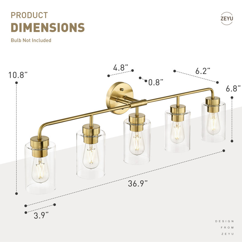 Éclairage de meuble-lavabo rétro à intensité variable, abat-jour en verre, 5 lumières, H 10,8 po x l 36,9 po x P 6,2 po