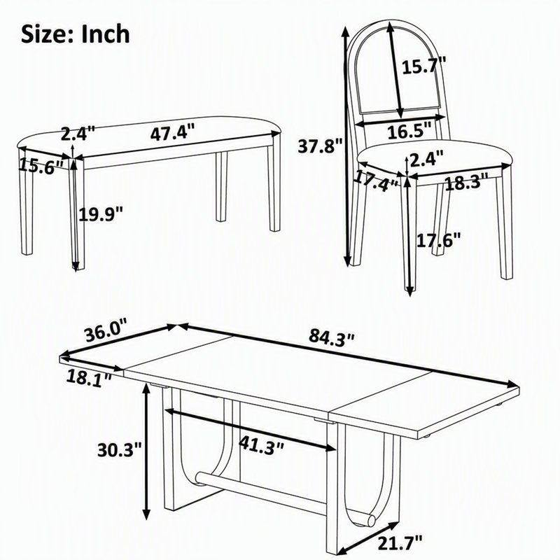 Ensemble de table et de chaises extensibles en bois massif pour 6 personnes avec banc rembourré