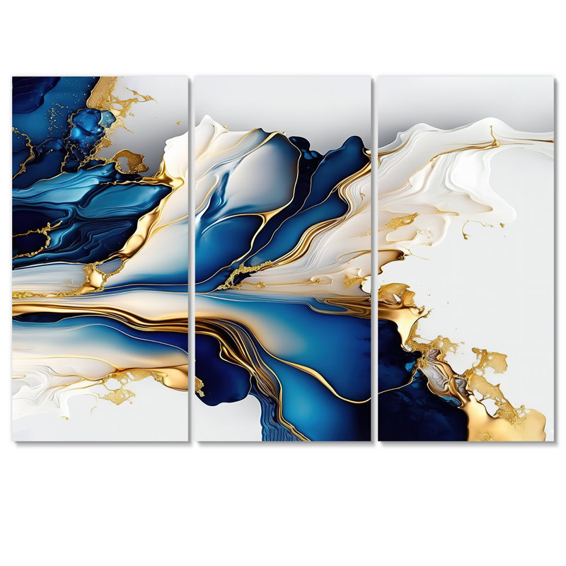 Géode abstraite dorée et bleue forme de marbre III - impression moderne sur toile 3 pièces, H 32 po x l 48 po, Toile tendue