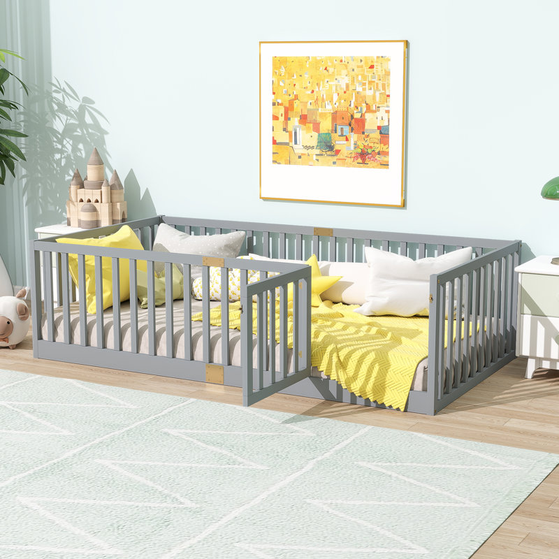Lit simple pour enfant Montessori avec clôture et porte, lit en bois d'hévéa avec garde-corps pour enfants, gris, Lit simple