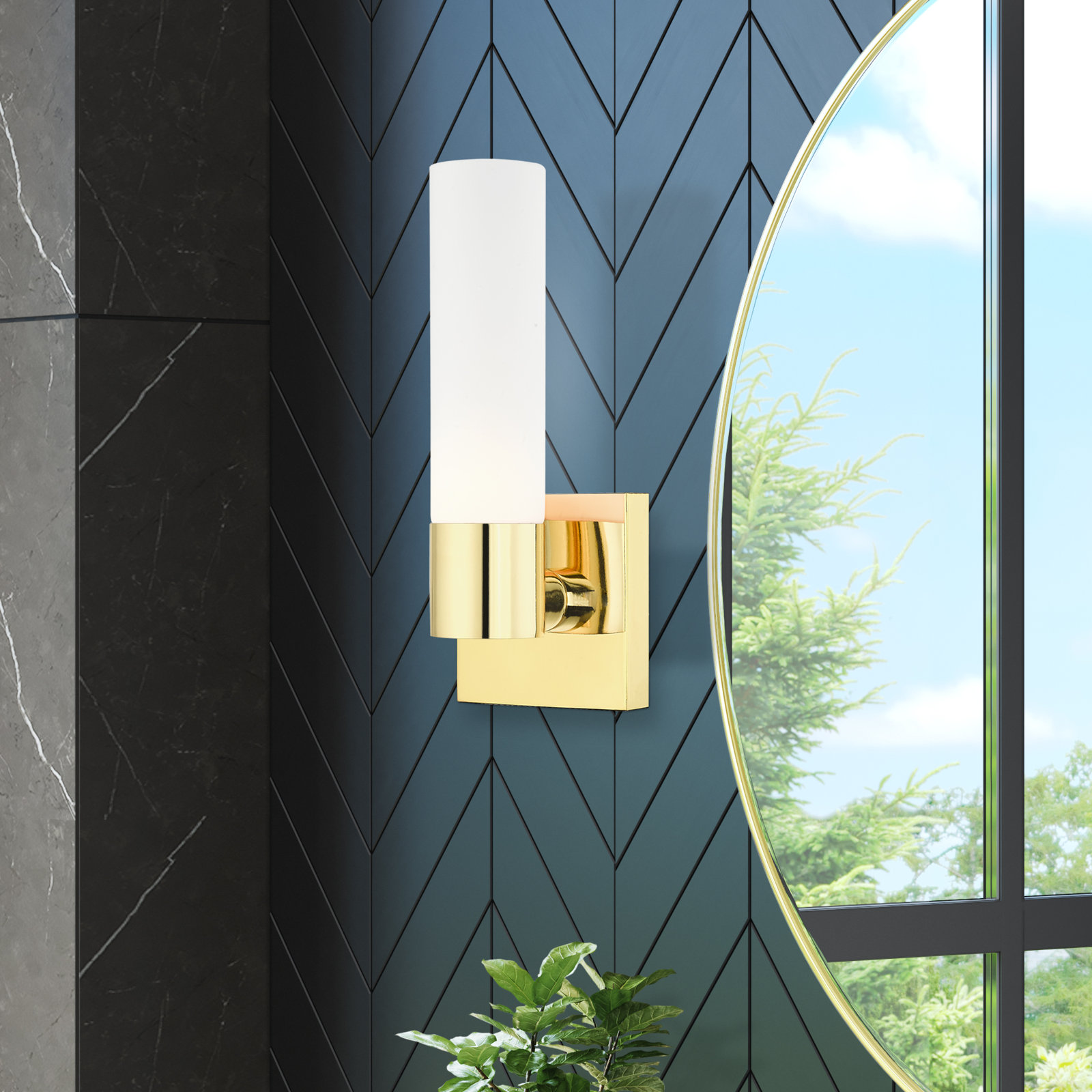Fulton Single Light Glass Dimmable Armed Sconce, Polished Brass