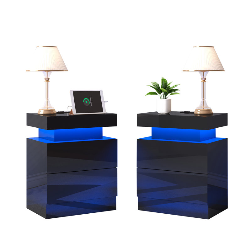 Macksen 2-Drawer Nightstand with USB ports and Charging Station, Black