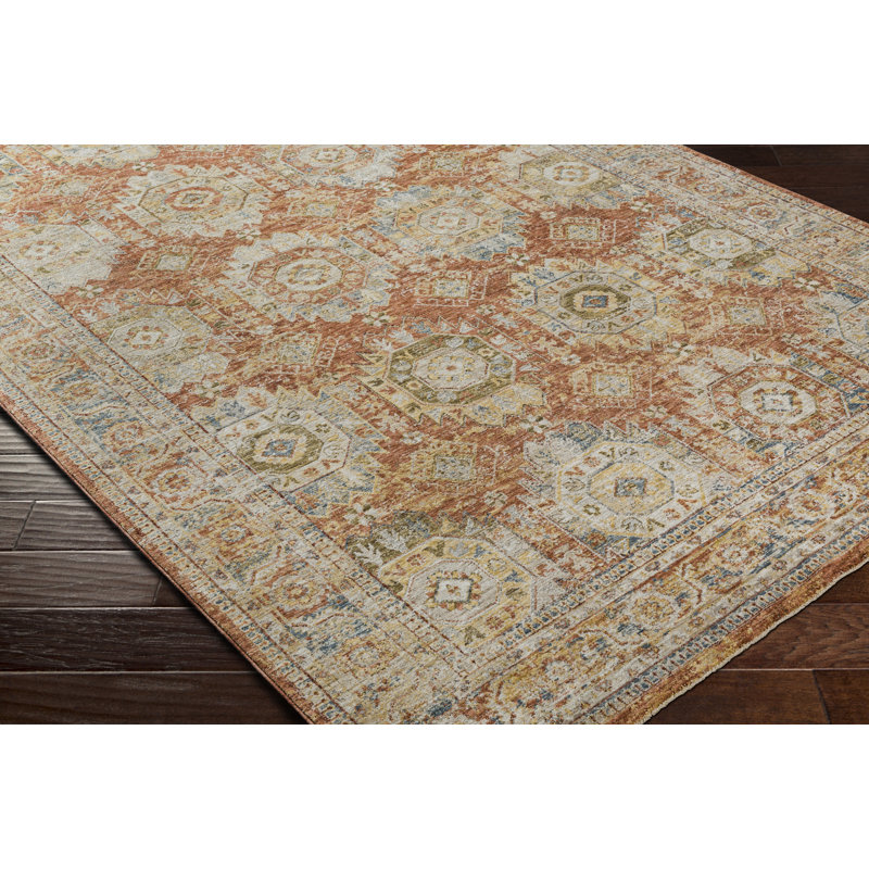 Tapis oriental en polyester tissé à la machine en rouille, Rond 6 pi 7 po