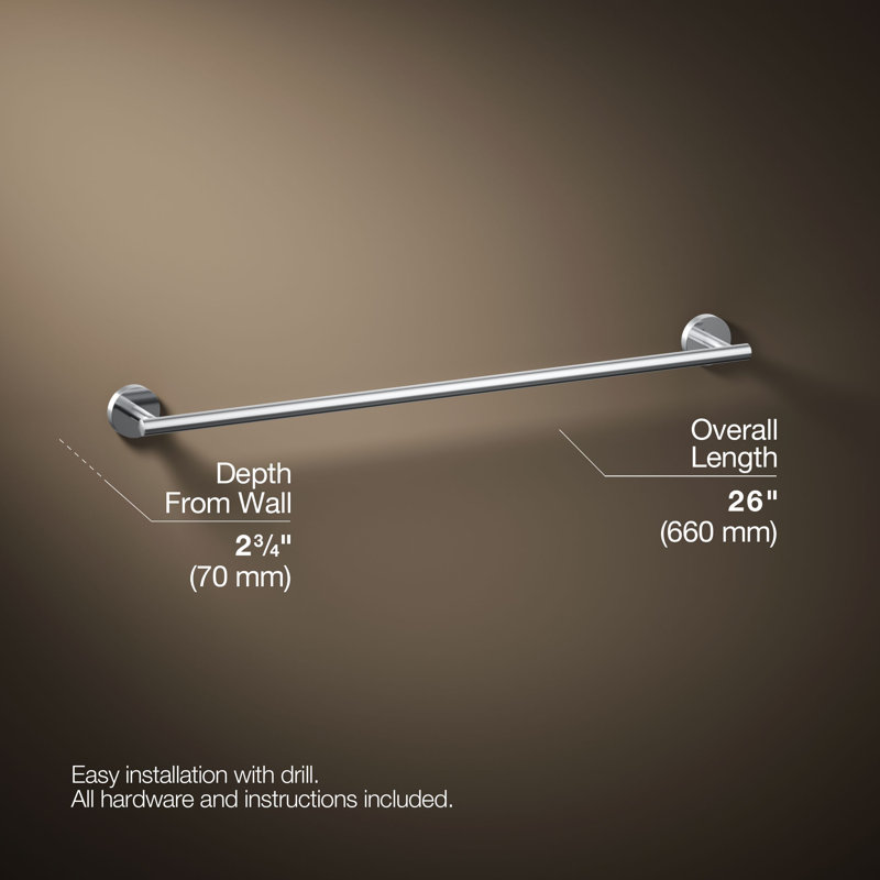 Elate Wall Mounted Round Towel Bar, Metal Wall-Mounted Towel Holder, 2" H x 24" L x 2.75" D, Polished Chrome