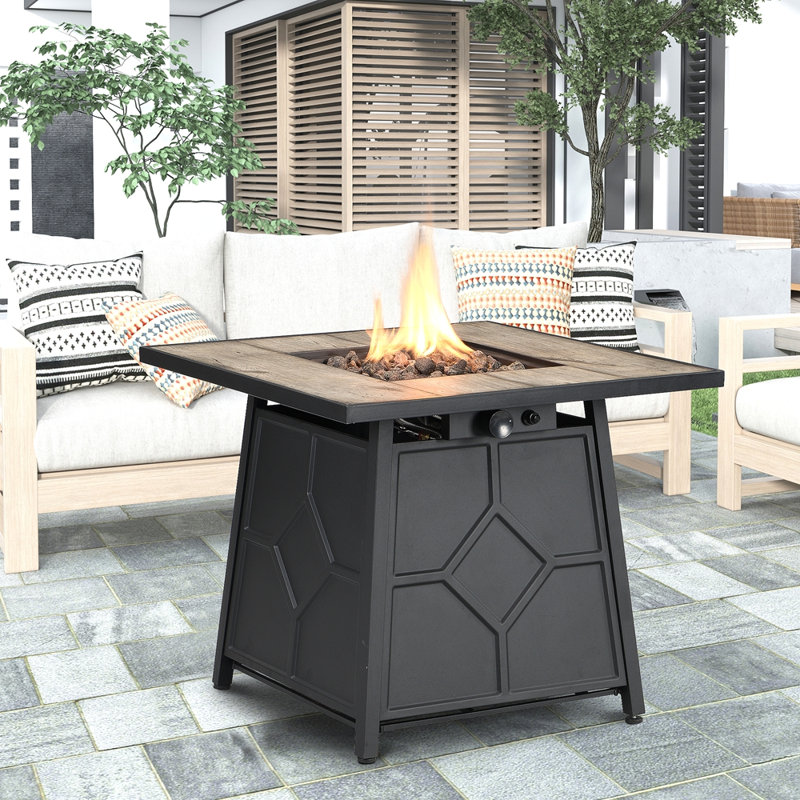 Fire Pit Table, 28-Inch Square 40,000 BTU Auto-Ignition Propane Gas Firepit With Waterproof Cover, Gray