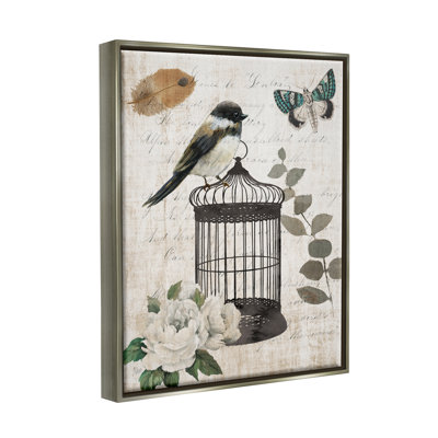 «Vintage Bird Cage Butterfly Floral Script Words», peinture sur toile