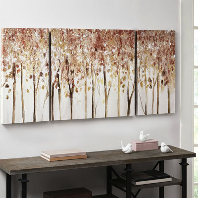 Art mural texturé sur toile - Scène de forêt d'automne, 3, texture faite à la main, monture, 27 po x 27 po et 13,5 po x 27 po, teinte rouge, toile, 3 pièces gel, article de décoration, textures faites à la main, éblouissant,